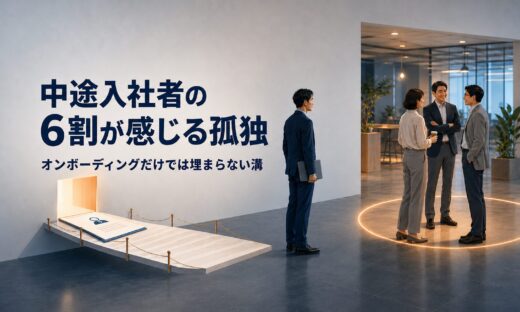 中途入社者が職場で感じる孤独とオンボーディング後の関係構築を表したイメージ