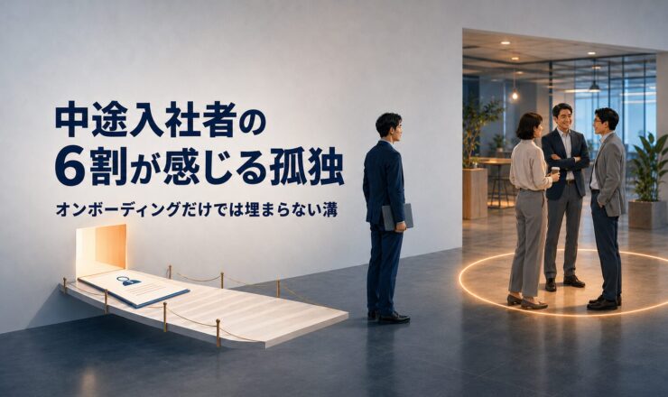 中途入社者が職場で感じる孤独とオンボーディング後の関係構築を表したイメージ