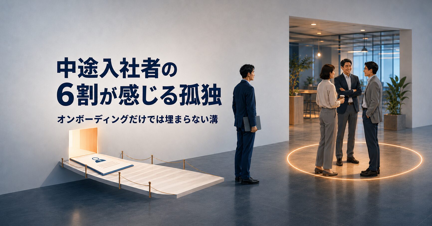 中途入社者が職場で感じる孤独とオンボーディング後の関係構築を表したイメージ