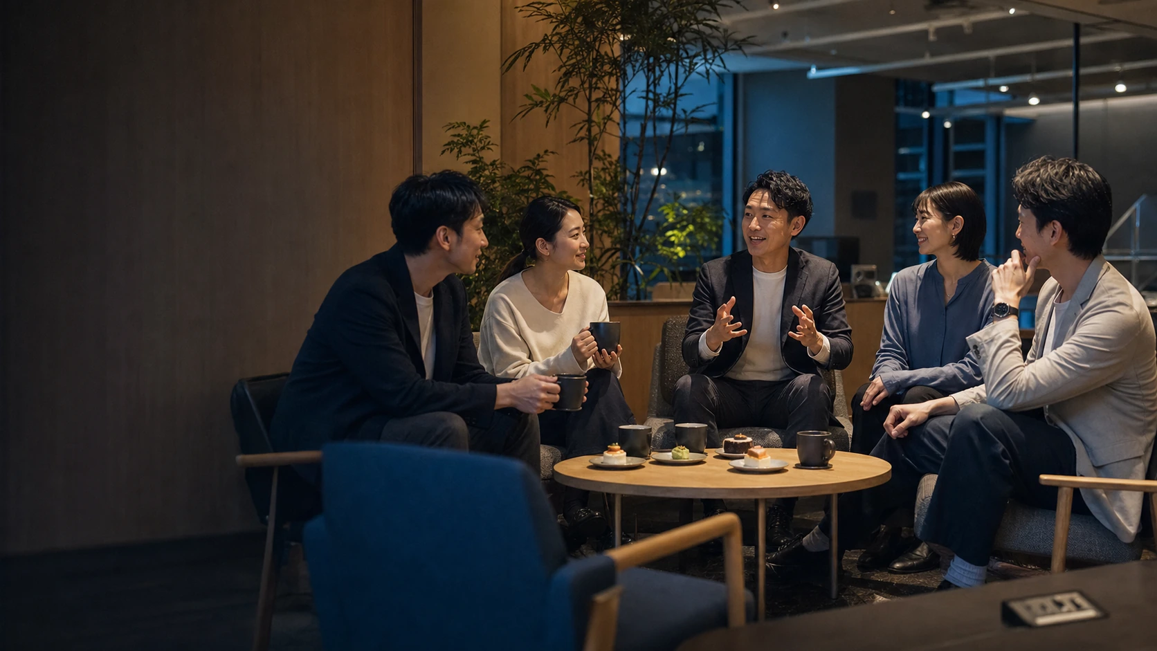 夜カフェで社員同士が交流する様子